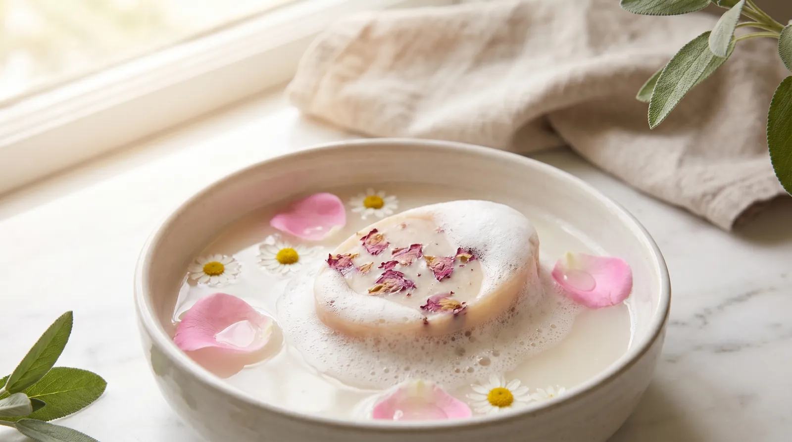 Rosenseife im warmen Wasser, Blütenblätter und feine Lather